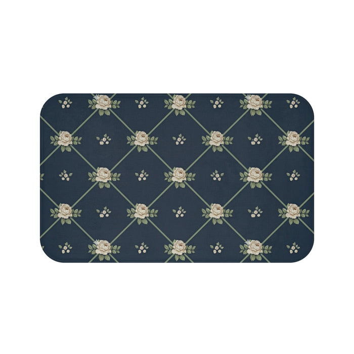 English Ivy & Rose Vintage Floral Bath Mat — Navy Rose Lattice Bathroom Rug
