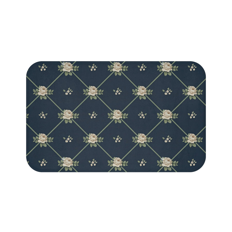 English Ivy & Rose Vintage Floral Bath Mat — Navy Rose Lattice Bathroom Rug