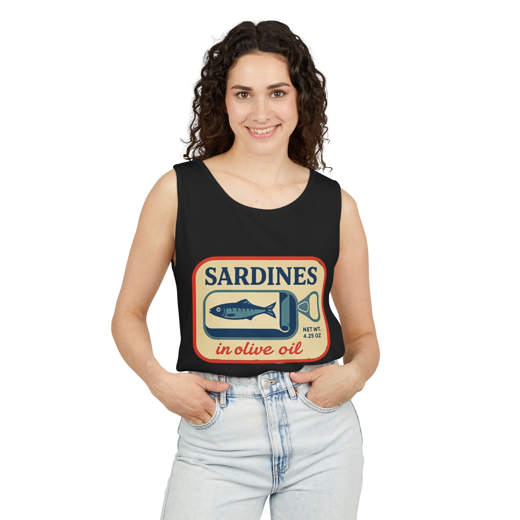 Sardines in Olive Oil Tank Top — Retro Seafood Can Graphic - Creations by Chris and Carlos