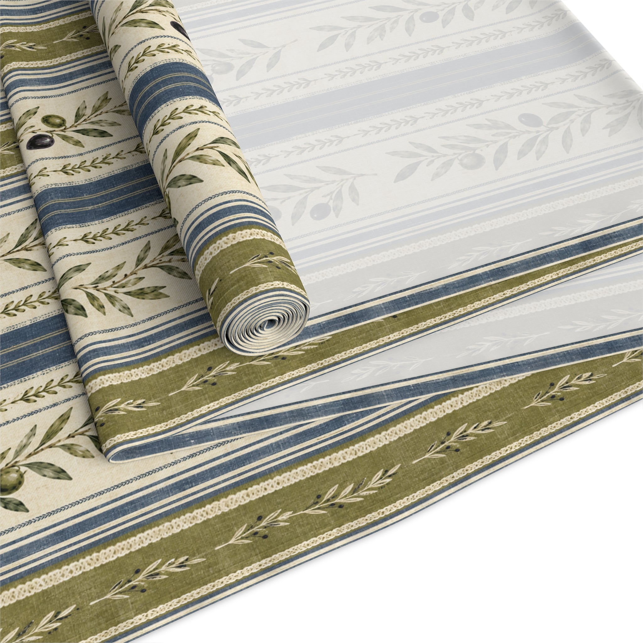 Country Stripe Table Runner — Olive & Blue Floral Border - Creations by Chris and Carlos