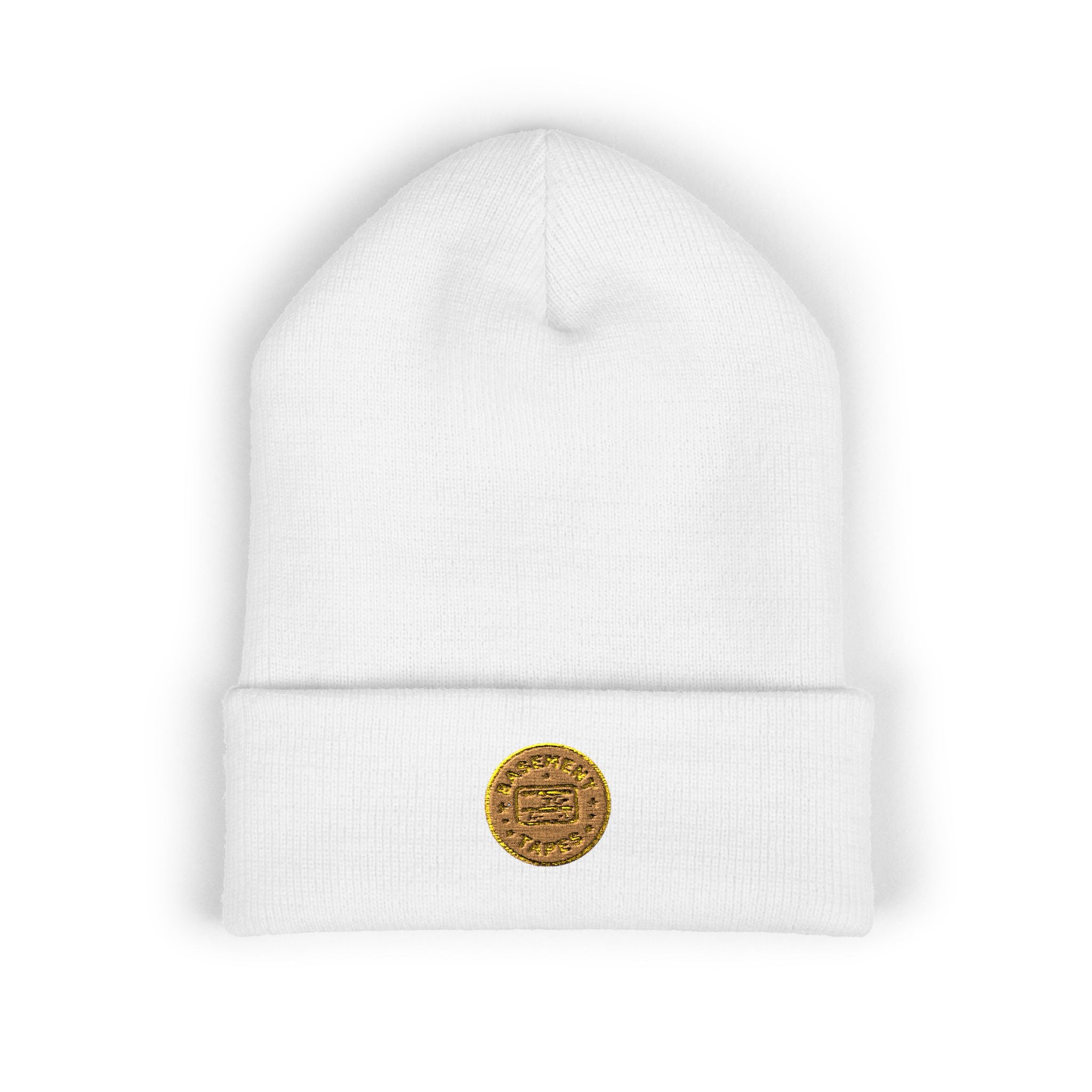 Embroidered Gold Coin Cuffed Beanie — Classic Knit Winter Hat - Creations by Chris and Carlos