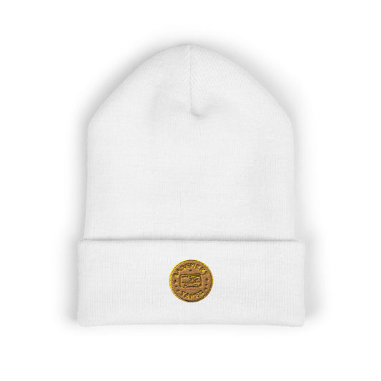 Embroidered Gold Coin Cuffed Beanie — Classic Knit Winter Hat - Creations by Chris and Carlos