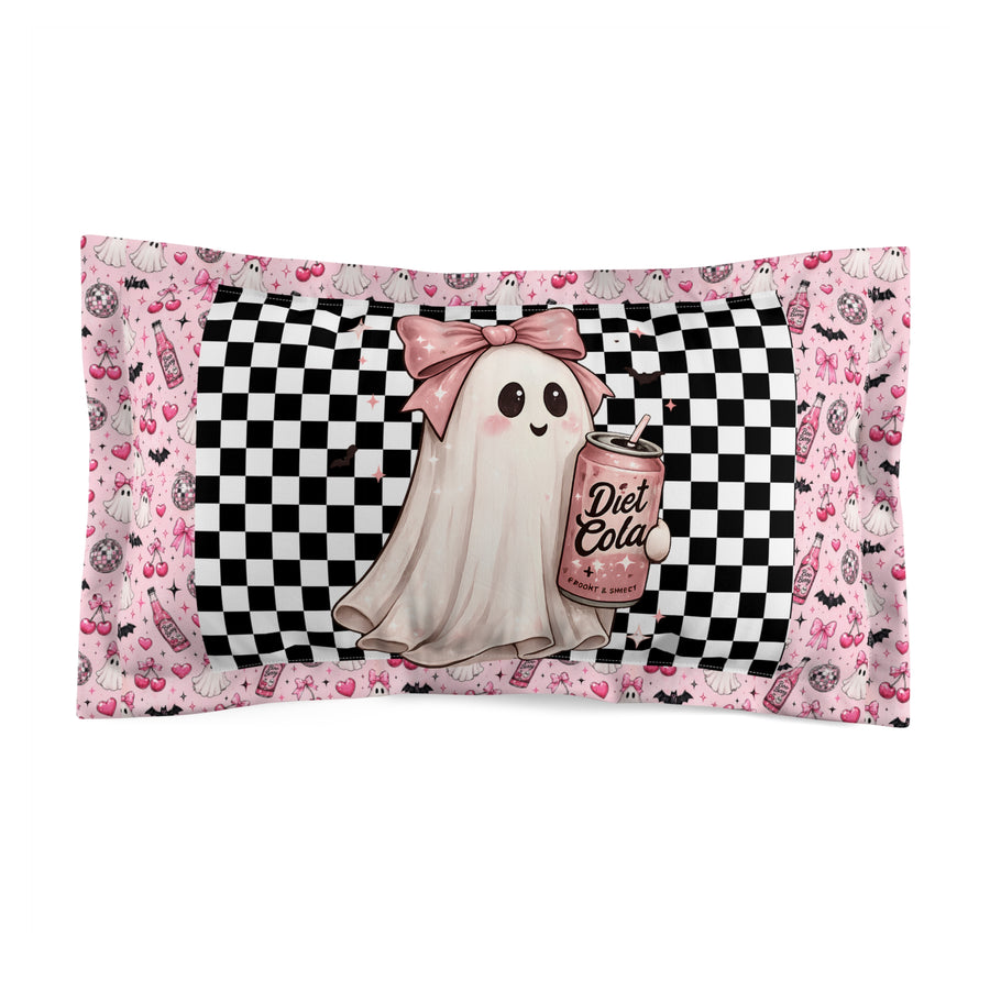 Cute Pink Ghost Pillow Sham — Checkerboard Diet Cola Design Old Soul Hallow | The Pink Ghost Society Club