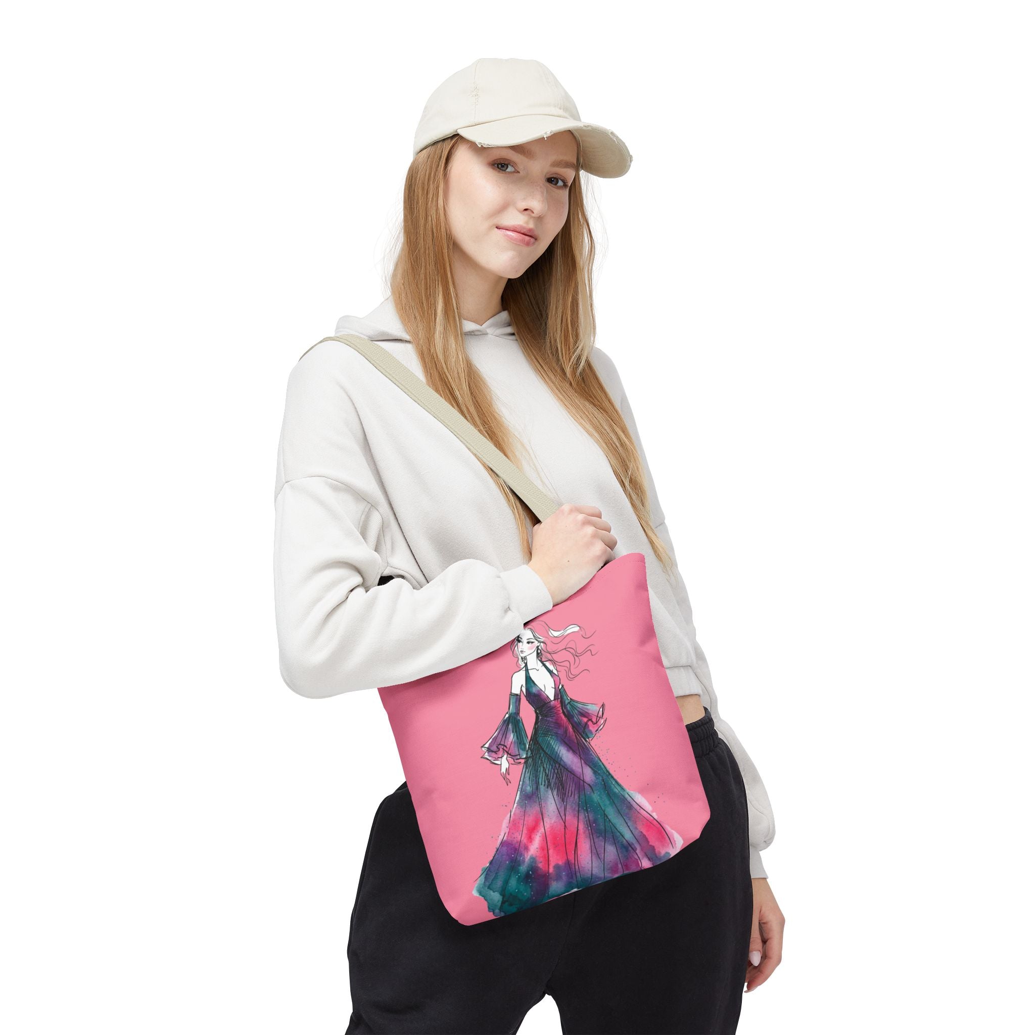 Pink Watercolor Fashion Tote Bag — Elegant Woman in Flowing Dress AOP - Creations by Chris and Carlos