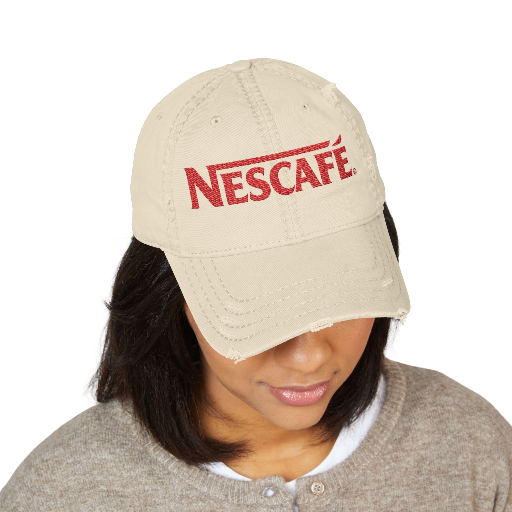 Nescafe Dad Hat — Distressed Embroidered Nescafé Logo - Creations by Chris and Carlos