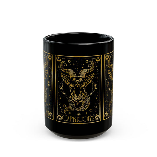 Capricorn Zodiac Black Mug — Gold Astrological Goat Design (11oz & 15oz) - Creations by Chris and Carlos