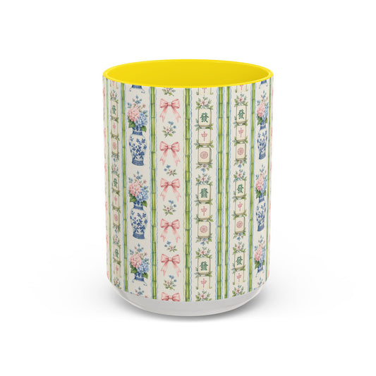 Vintage Floral Stripe Coffee Mug — Pink Accent & Bow Pattern (11/15 oz) - Creations by Chris and Carlos