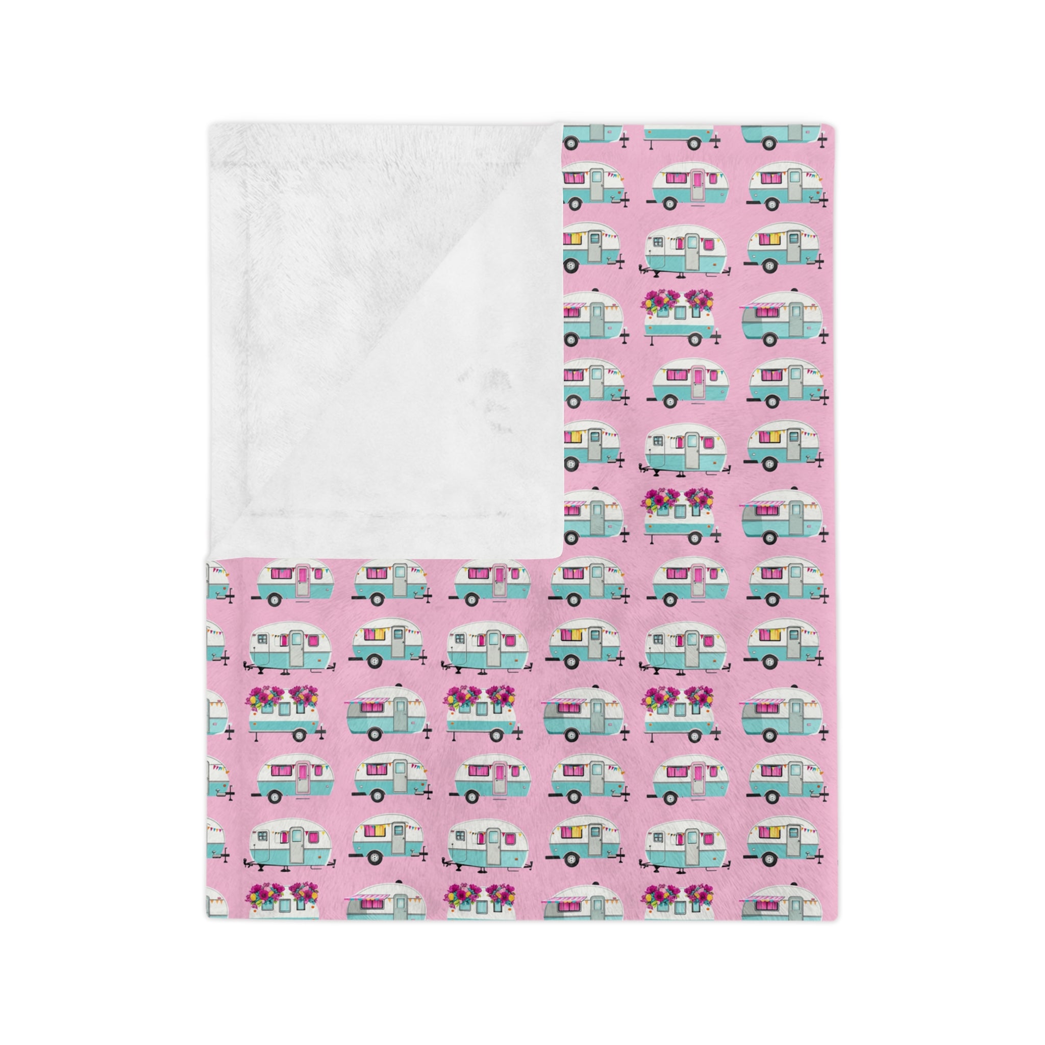 The Sugar Shack- Pink Retro Camper Velveteen Microfiber Blanket Cute Travel Van Pattern Throw - Creations by Chris and Carlos