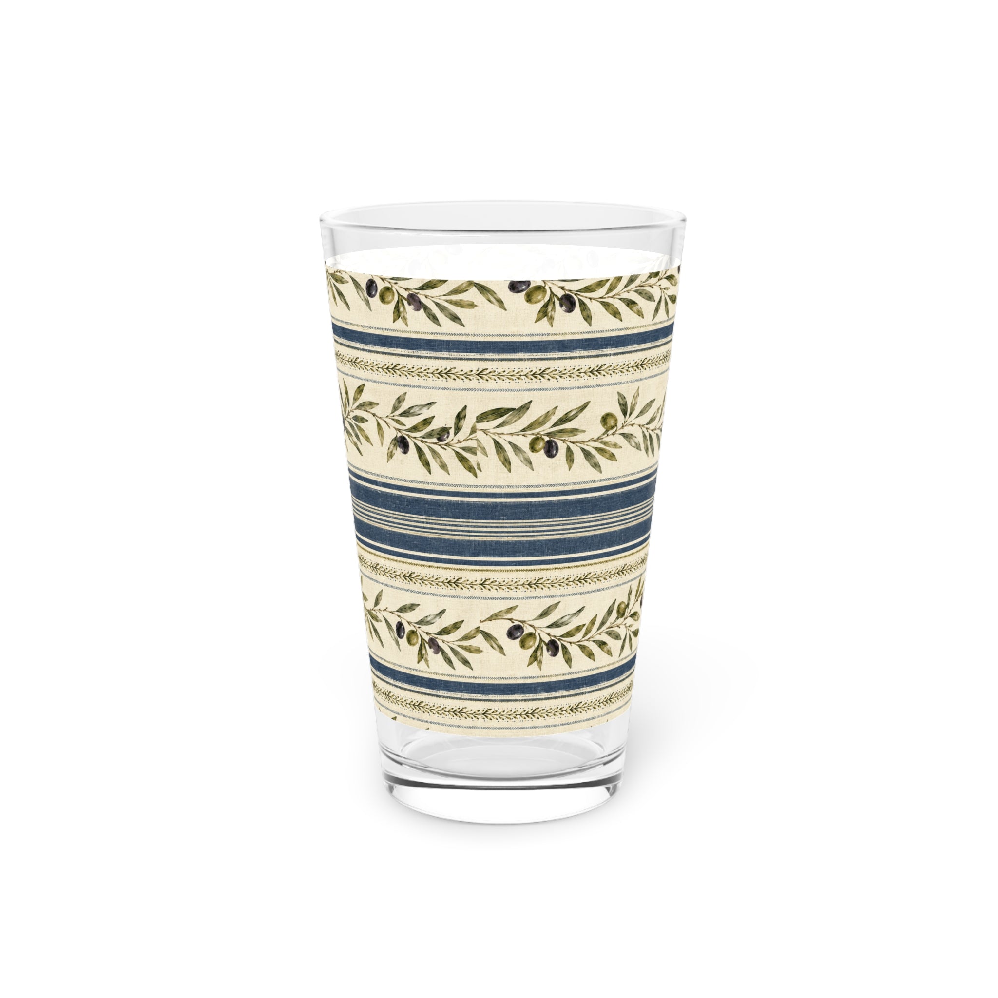 Olive Branch Striped Pint Glass — 16oz Rustic Mediterranean Beer Glass - Creations by Chris and Carlos