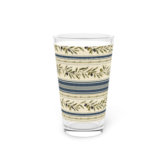 Olive Branch Striped Pint Glass — 16oz Rustic Mediterranean Beer Glass - Creations by Chris and Carlos