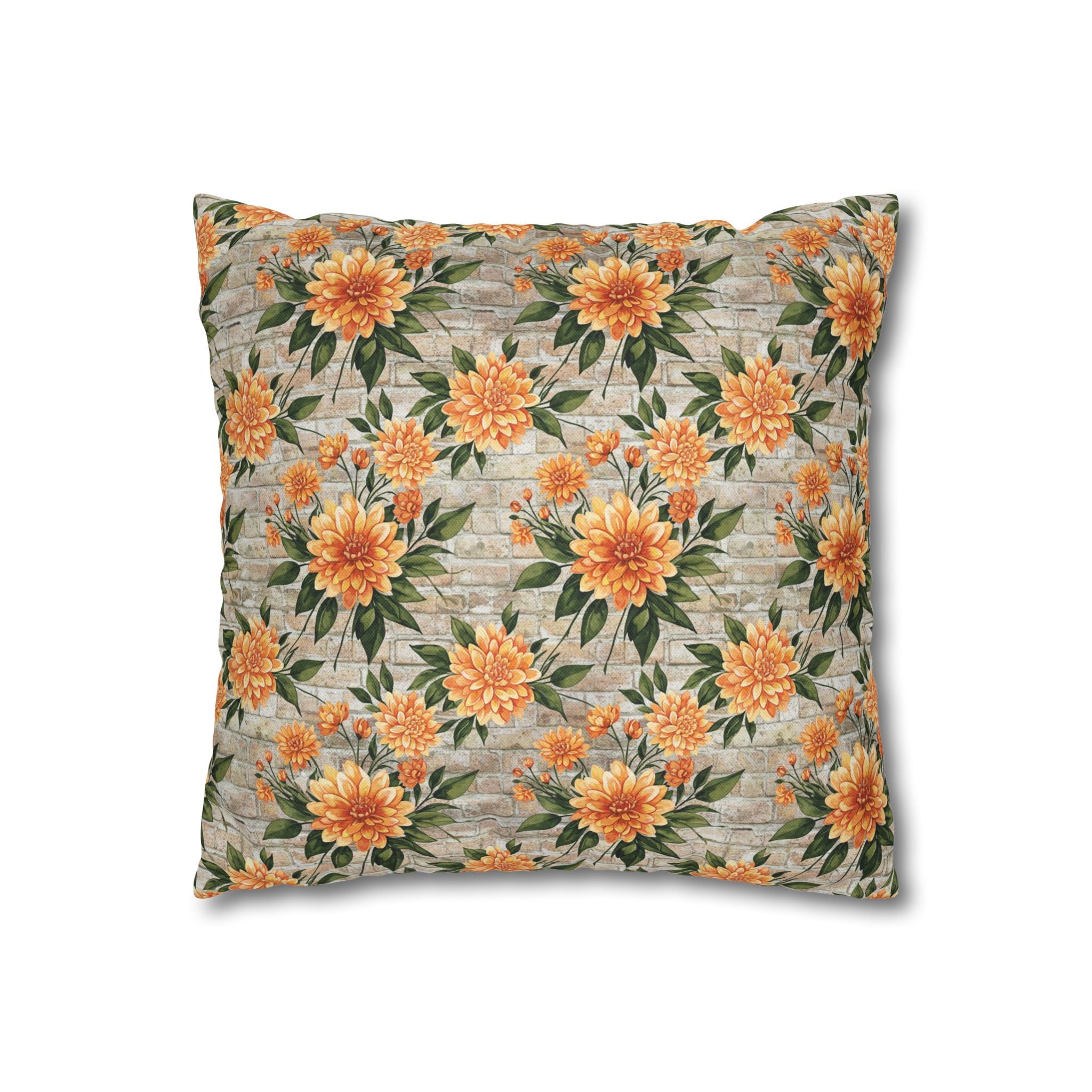 The Artisanal Flora Gallery Floral Sunburst Square Pillowcase — Orange Dahlia Botanical Throw Pillow Cover - Creations by Chris and Carlos