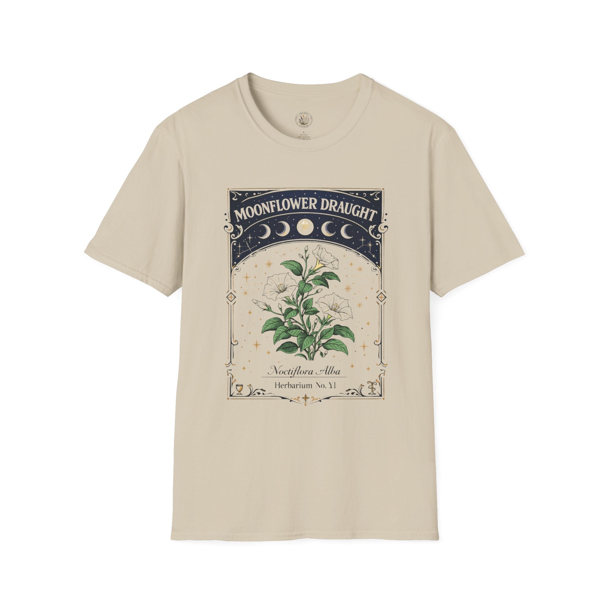 Old Soul Apothecary Moonflower Draught T‑Shirt — Botanical Moon Phase Graphic Tee - Creations by Chris and Carlos