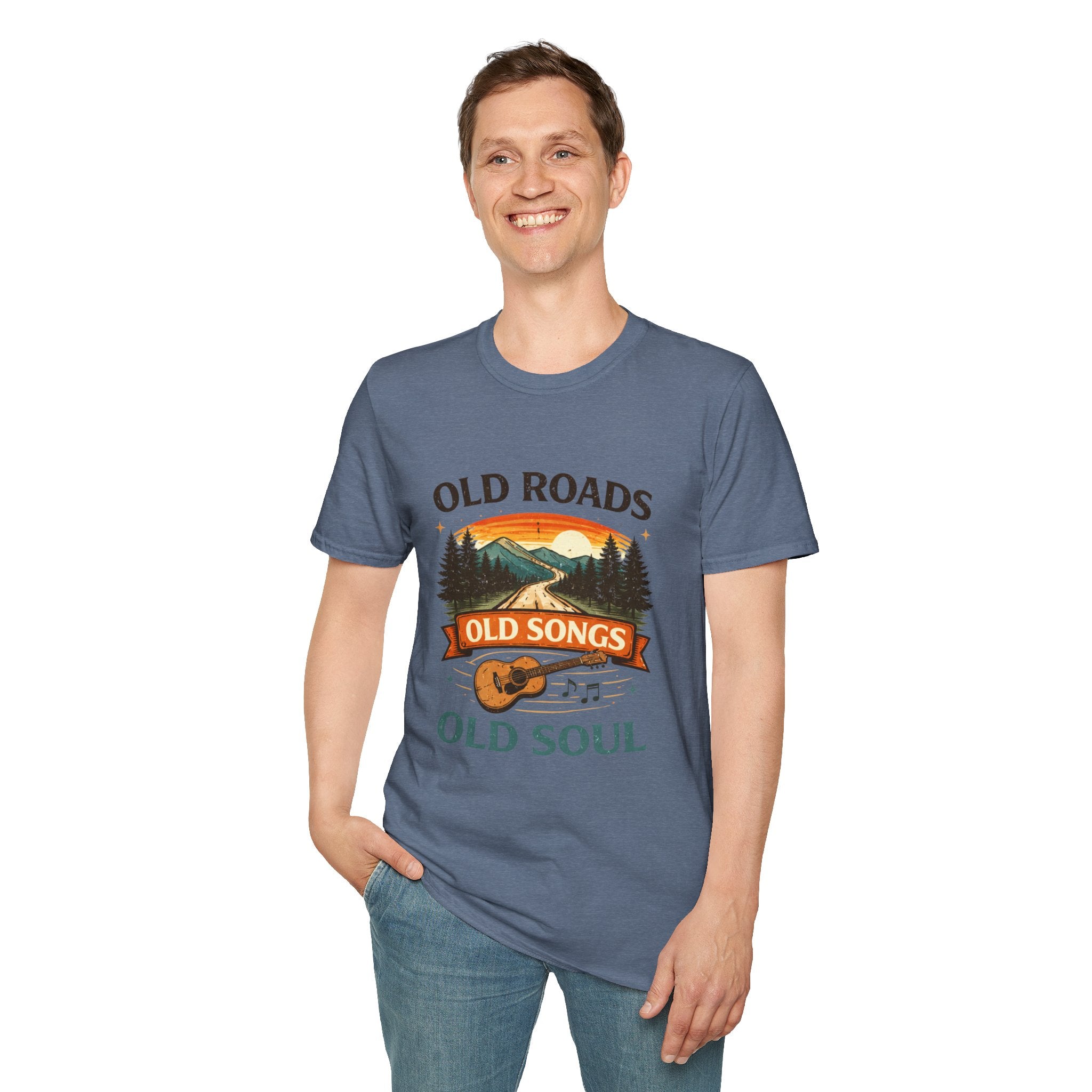 Old Roads Old Songs Old Soul T-Shirt – Vintage Guitar & Mountain Graphic - Creations by Chris and Carlos