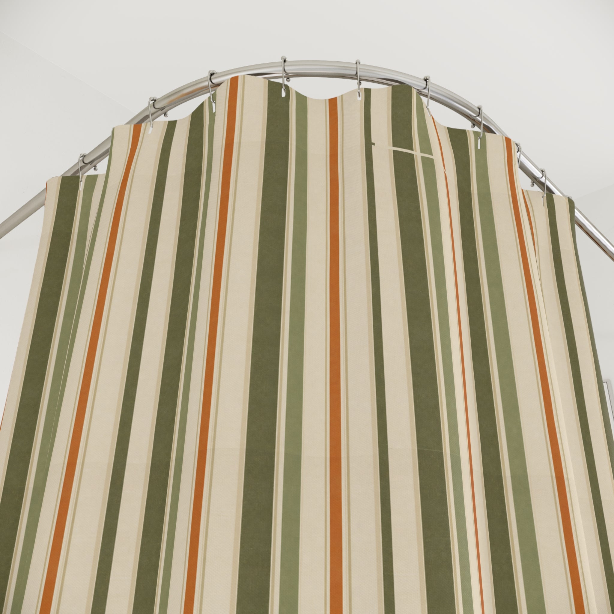 Striped Green & Rust Shower Curtain — Classic Vertical Stripe Bathroom Curtain - Creations by Chris and Carlos