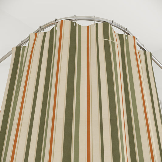 Striped Green & Rust Shower Curtain — Classic Vertical Stripe Bathroom Curtain - Creations by Chris and Carlos