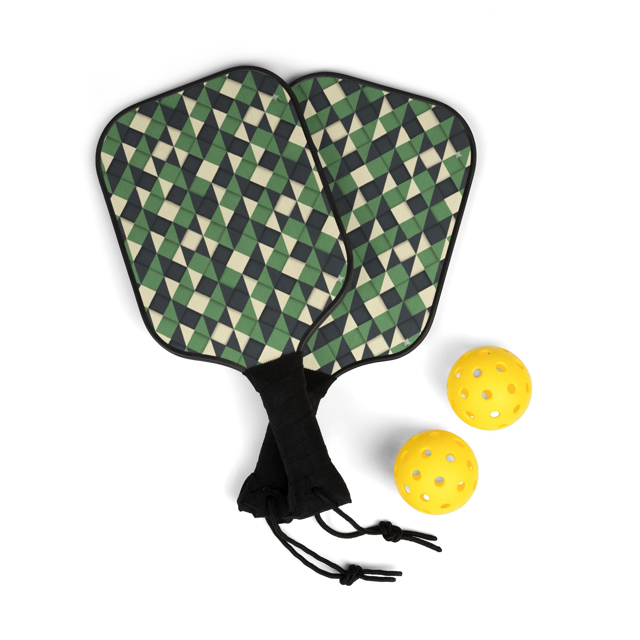 Pickleball Paddles Set — Geometric Green Pattern Kit with Balls - Creations by Chris and Carlos