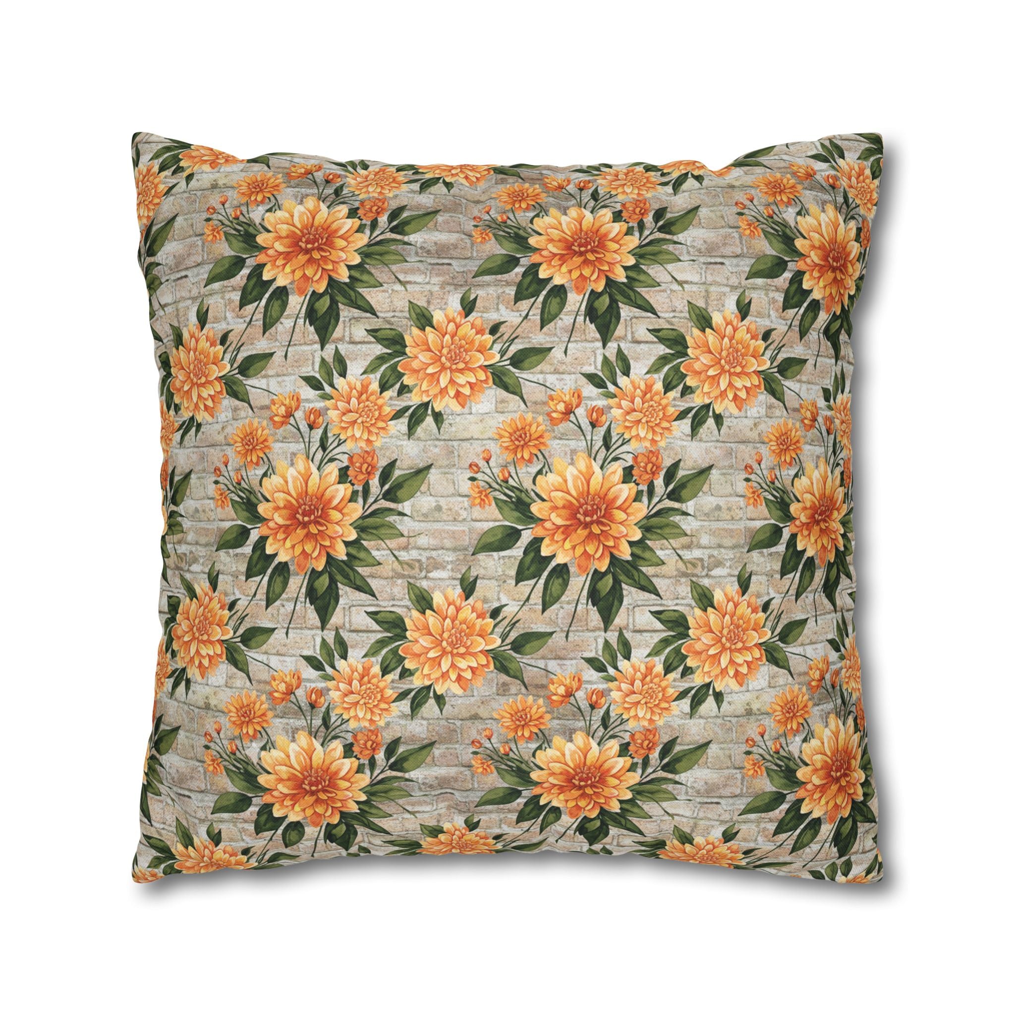 The Artisanal Flora Gallery Floral Sunburst Square Pillowcase — Orange Dahlia Botanical Throw Pillow Cover - Creations by Chris and Carlos