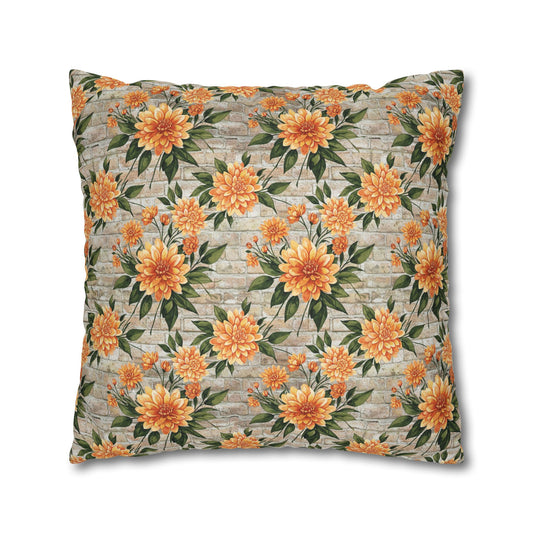 The Artisanal Flora Gallery Floral Sunburst Square Pillowcase — Orange Dahlia Botanical Throw Pillow Cover - Creations by Chris and Carlos