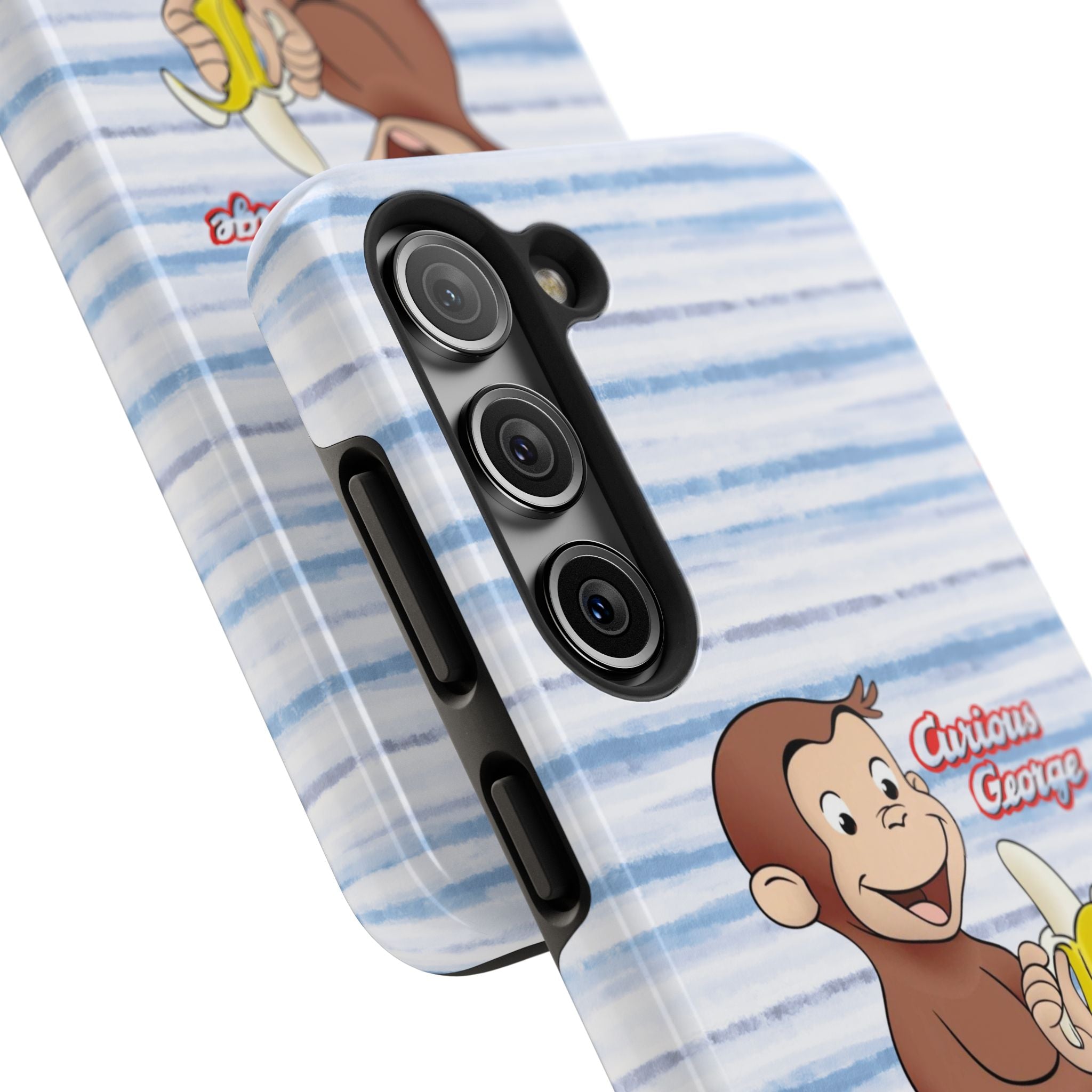 Curious George Banana Tough Phone Case — Cute Kids iPhone Cover, Blue Stripe Protective Case - Creations by Chris and Carlos