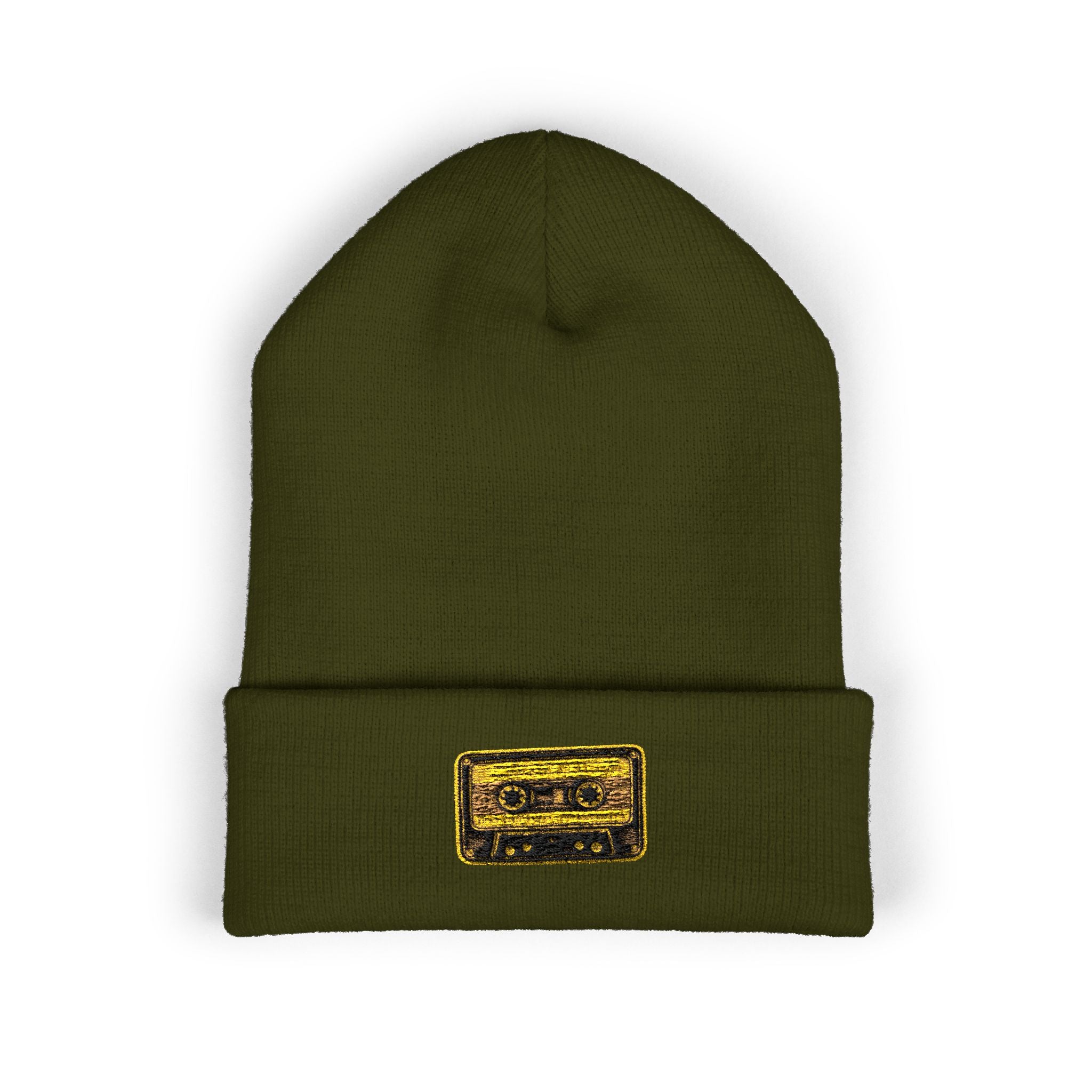 Embroidered Gold Cassette Beanie — Retro Music Cuffed Hat - Creations by Chris and Carlos