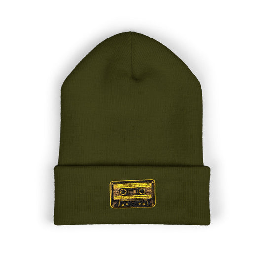 Embroidered Gold Cassette Beanie — Retro Music Cuffed Hat - Creations by Chris and Carlos