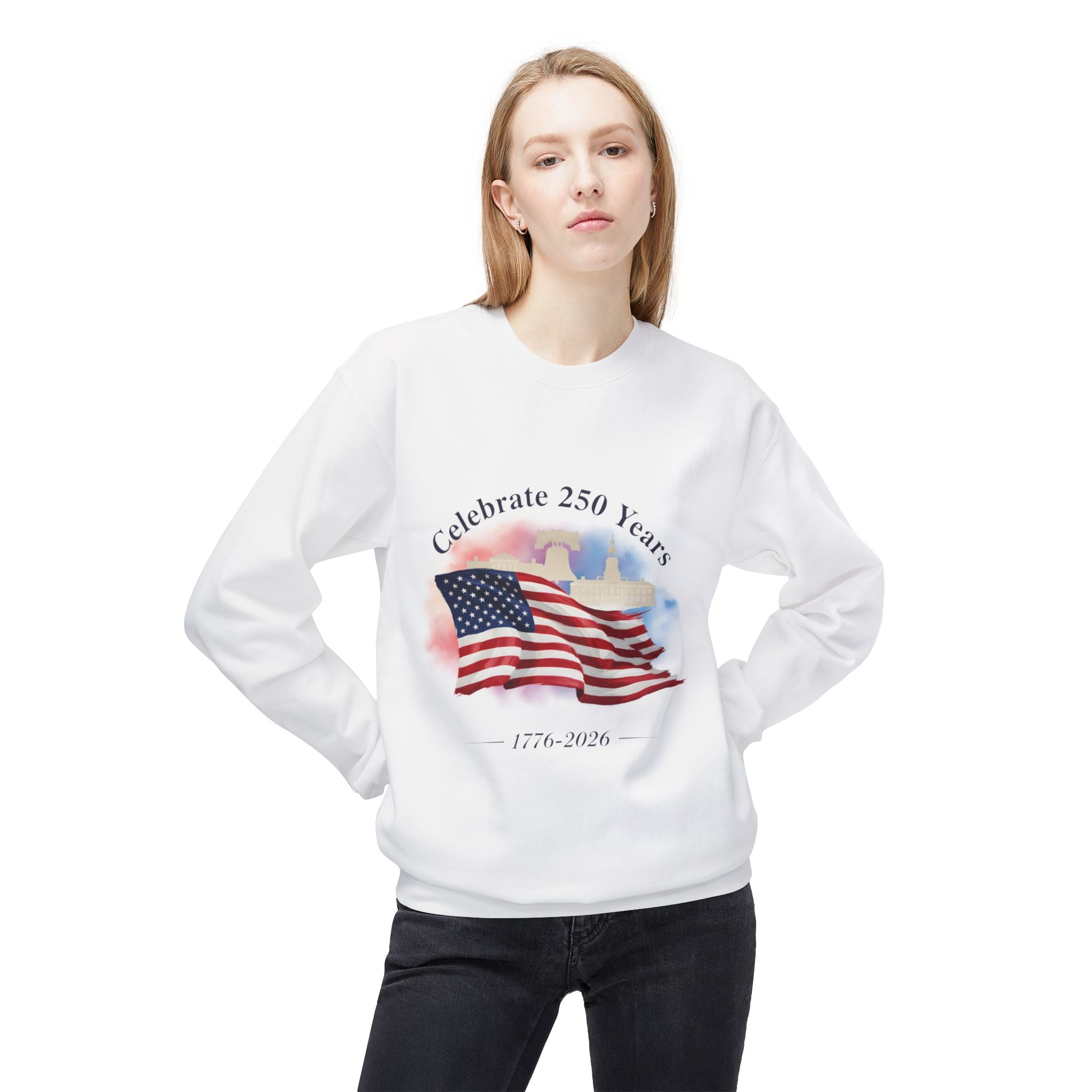 Crewneck Sweatshirt — "Celebrate 250 Years" American Flag 1776–2026 Patriotic Pullover - Creations by Chris and Carlos
