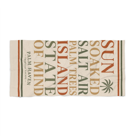 Palm Haven Vintage Typography Beach Towel — Sun, Salt Air & Island State of Mind - Creations by Chris and Carlos