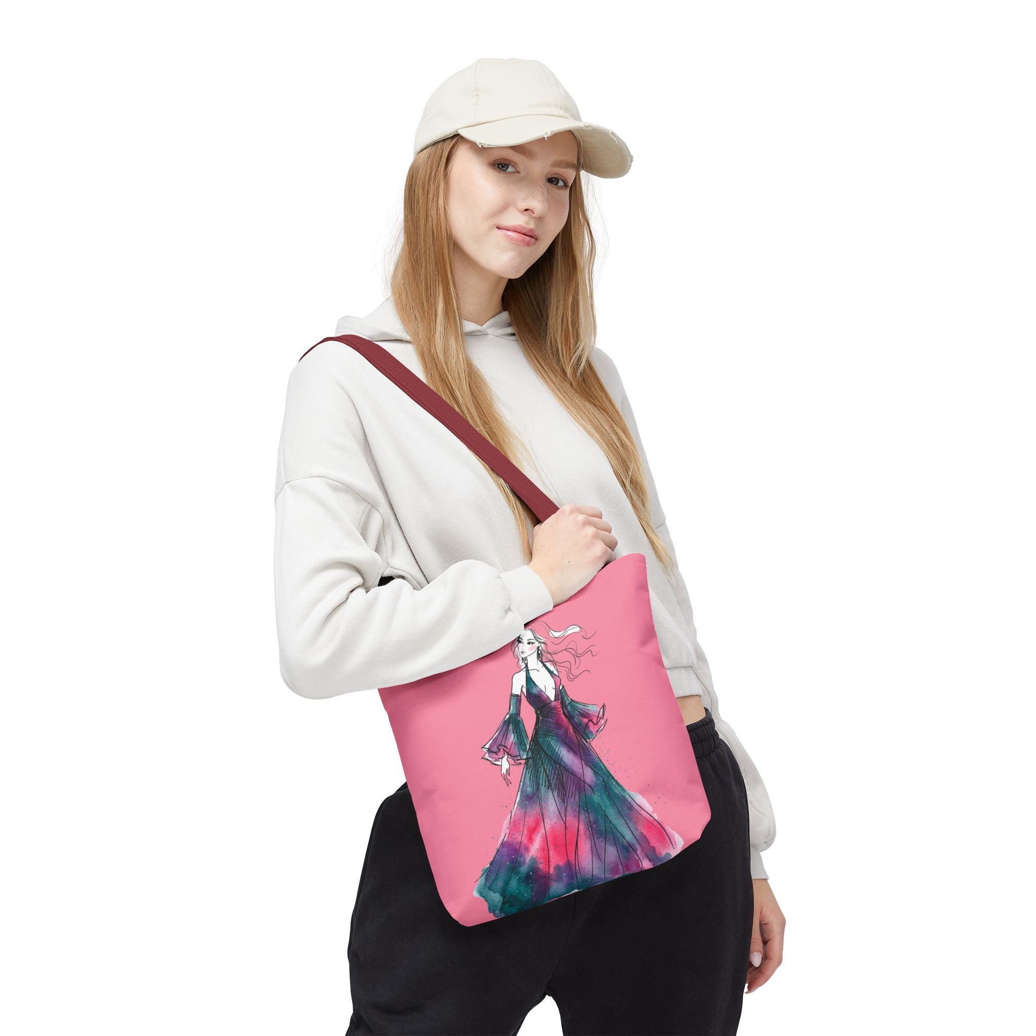 Pink Watercolor Fashion Tote Bag — Elegant Woman in Flowing Dress AOP - Creations by Chris and Carlos