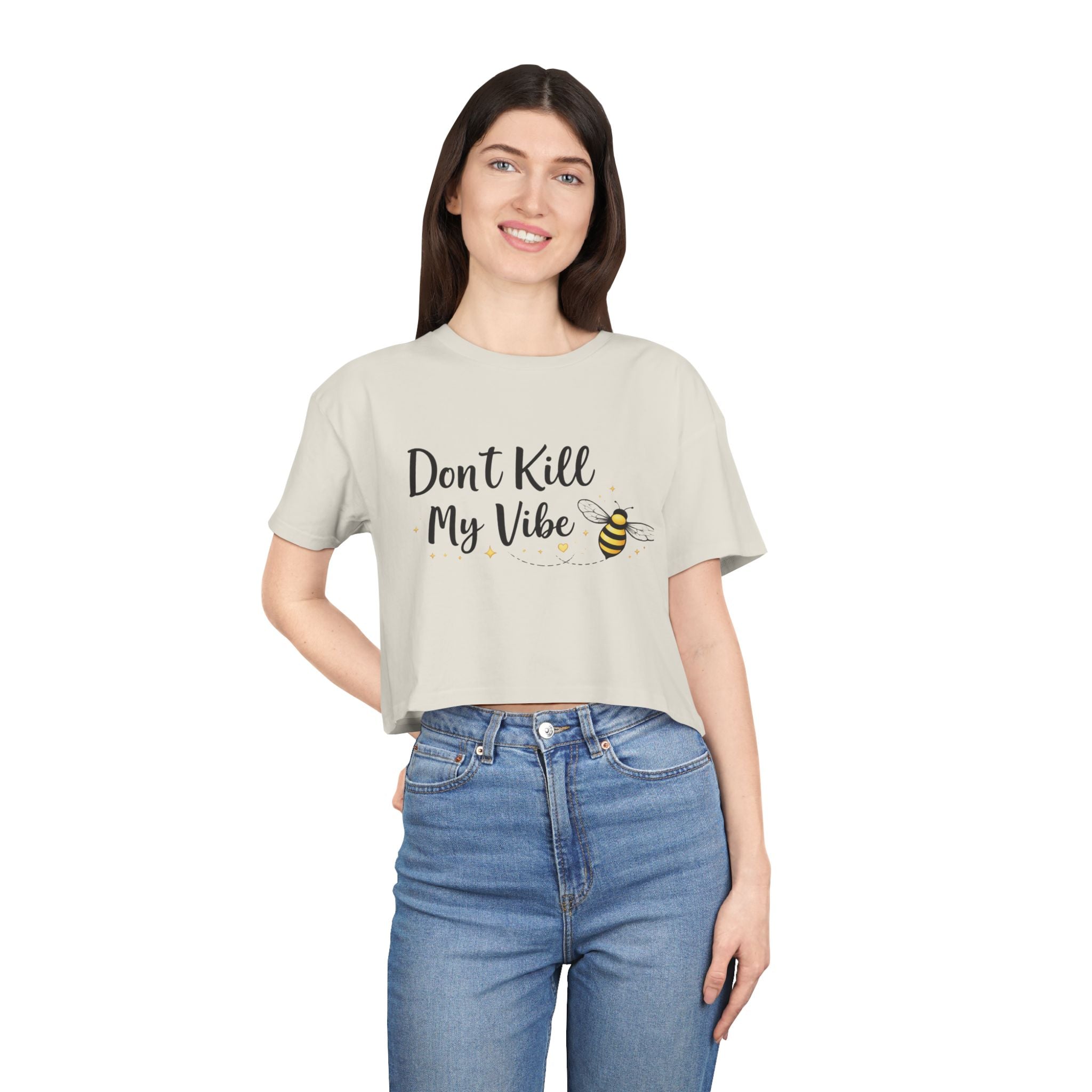 Crop Tee - "Don’t Kill My Vibe" Bee Graphic Women's Crop Top - Creations by Chris and Carlos