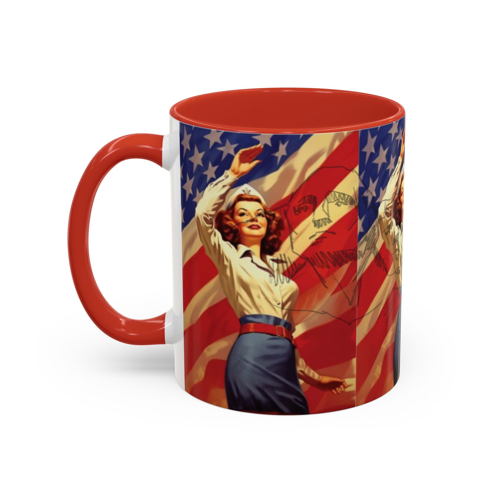 Patriotic Pin-Up Coffee Mug — Vintage American Flag Accent (11/15 oz) - Creations by Chris and Carlos