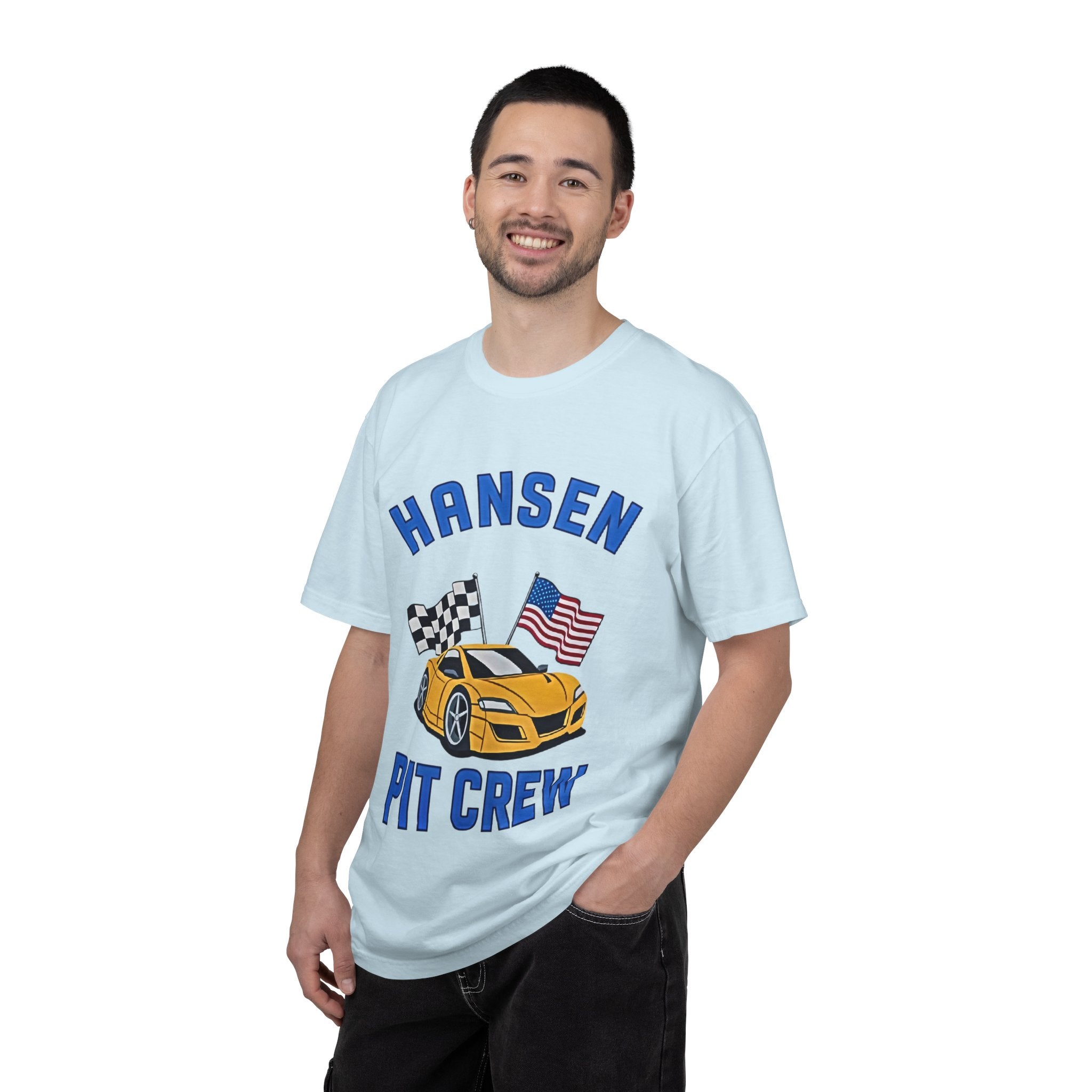 The Pitt TV Show Pit Crew Racing T‑Shirt — 'Hansen' Sports Car with Checkered Flag & American Flag - Creations by Chris and Carlos