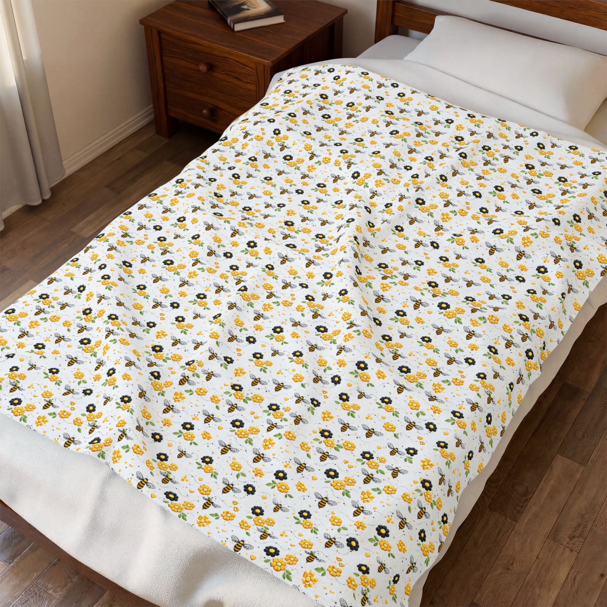 Bee & Sunflower Velveteen Plush Blanket — Cozy Floral Throw for Spring, Garden Lovers & Gift Giving - Creations by Chris and Carlos