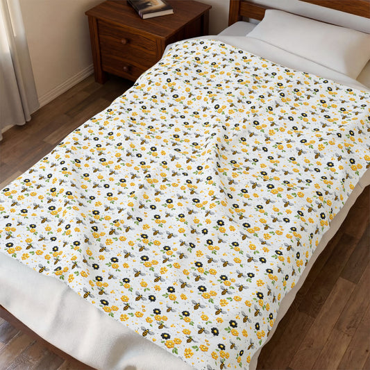 Bee & Sunflower Velveteen Plush Blanket — Cozy Floral Throw for Spring, Garden Lovers & Gift Giving - Creations by Chris and Carlos