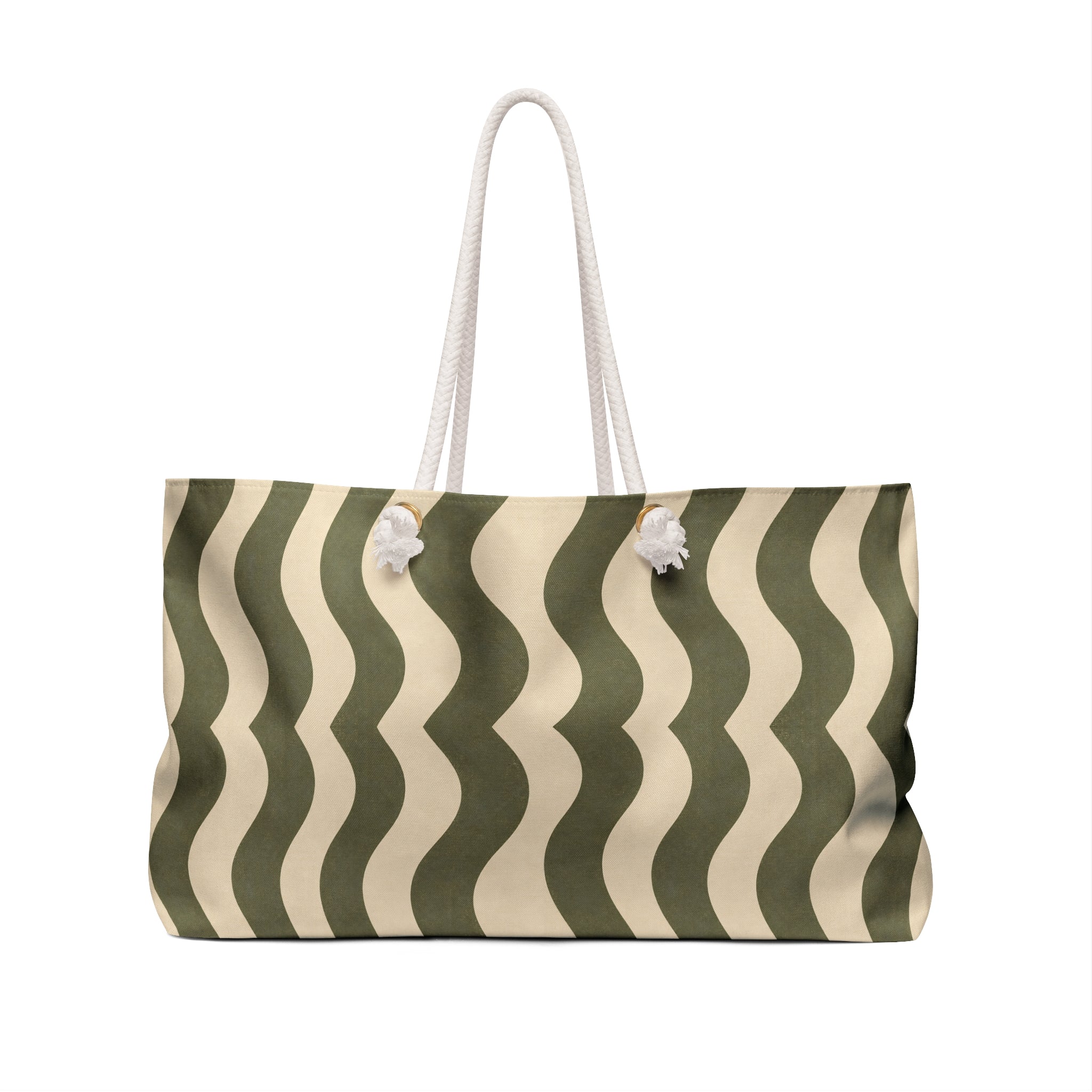 Olive Wavy Stripe Weekender Bag — Retro Beach Travel Tote - Creations by Chris and Carlos