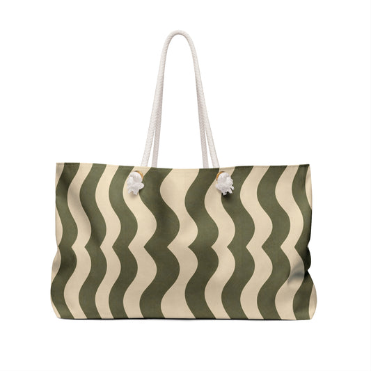 Olive Wavy Stripe Weekender Bag — Retro Beach Travel Tote - Creations by Chris and Carlos