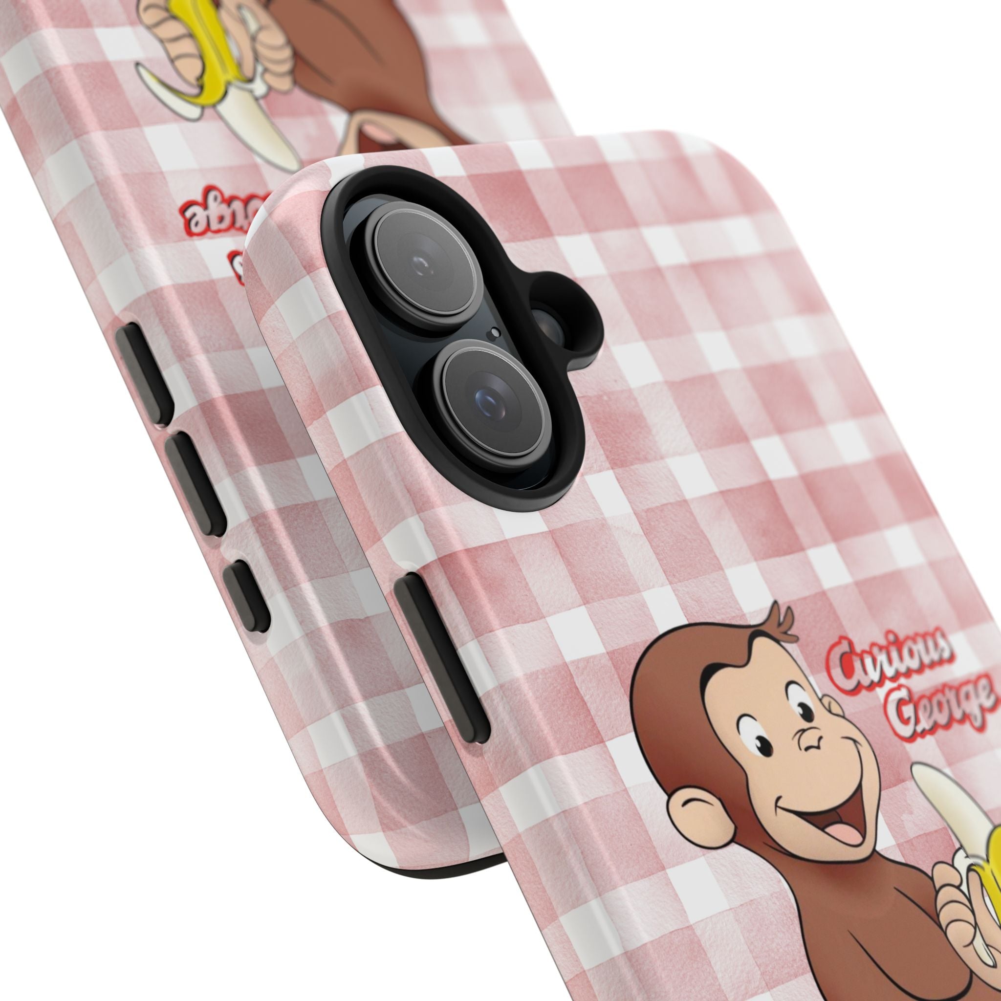 Curious George Banana Tough Phone Case — Cute Kids iPhone Cover, Pink Gingham Protective Case - Creations by Chris and Carlos