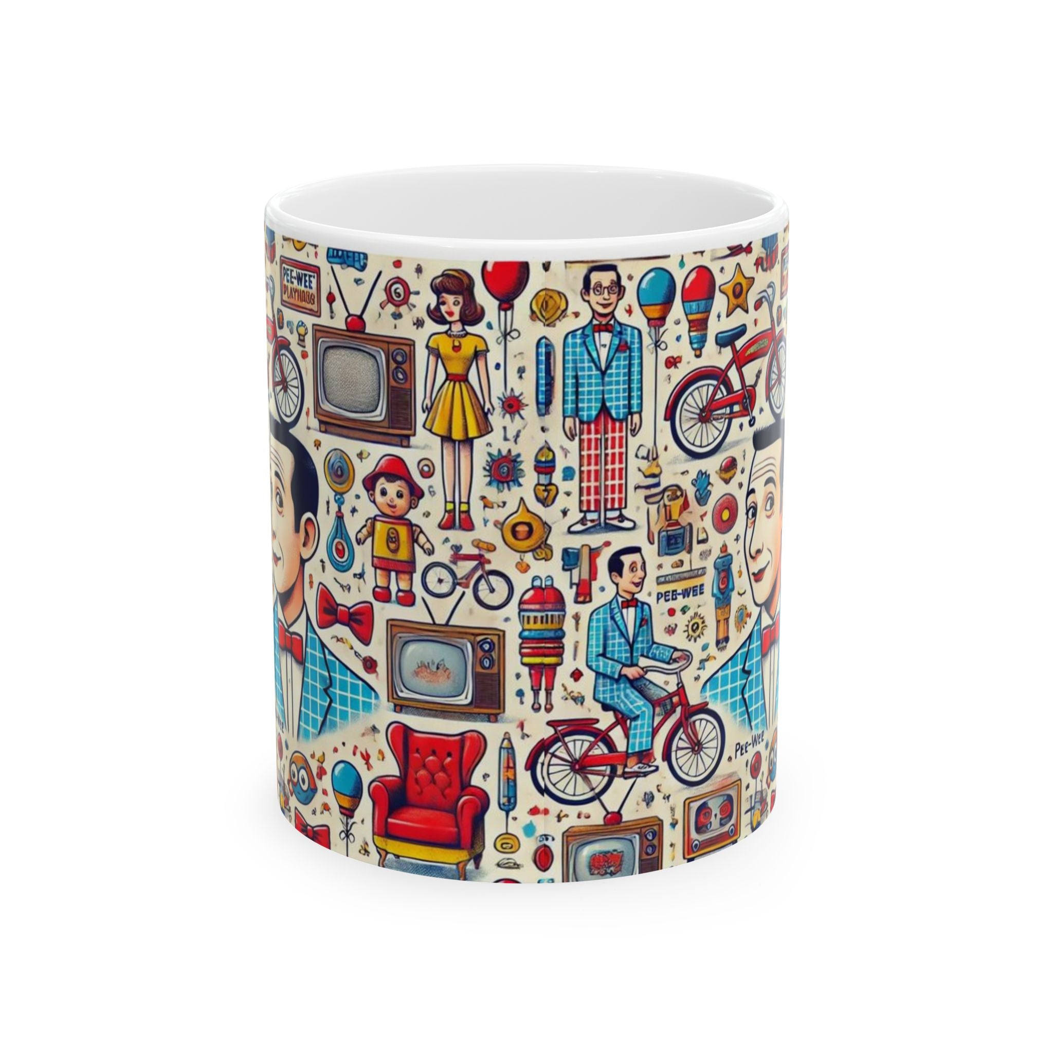 Retro Pattern Ceramic Mug — Pee Wee Herman Vintage TV, Bicycle & 1950s Family Illustration (11oz/15oz) - Creations by Chris and Carlos