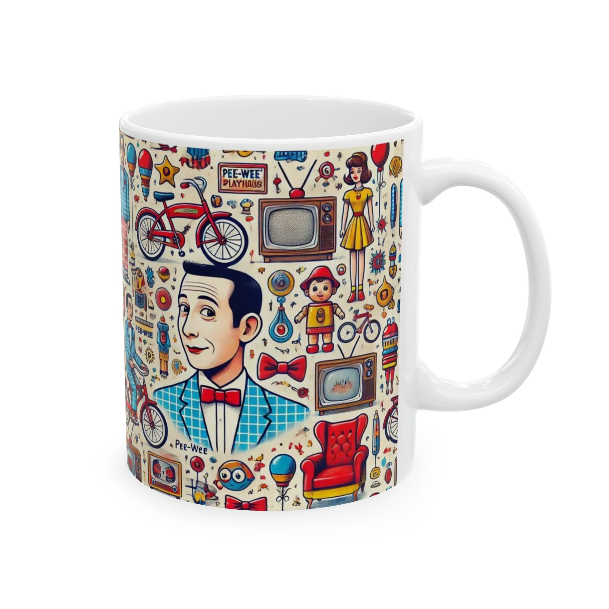 Retro Pattern Ceramic Mug — Pee Wee Herman Vintage TV, Bicycle & 1950s Family Illustration (11oz/15oz) - Creations by Chris and Carlos