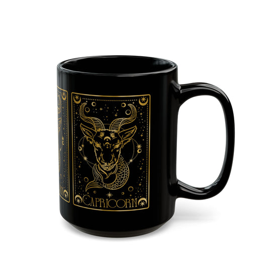 Capricorn Zodiac Black Mug — Gold Astrological Goat Design (11oz & 15oz) - Creations by Chris and Carlos