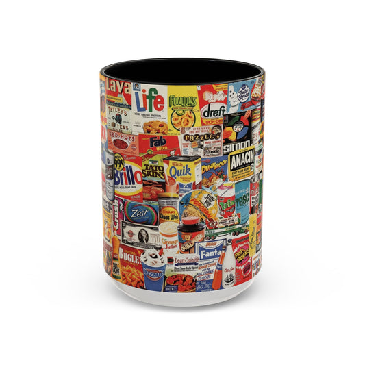 Vintage Retro Ads Coffee Mug — Collage of Classic Brand Labels (11/15oz Accent Mug) - Creations by Chris and Carlos