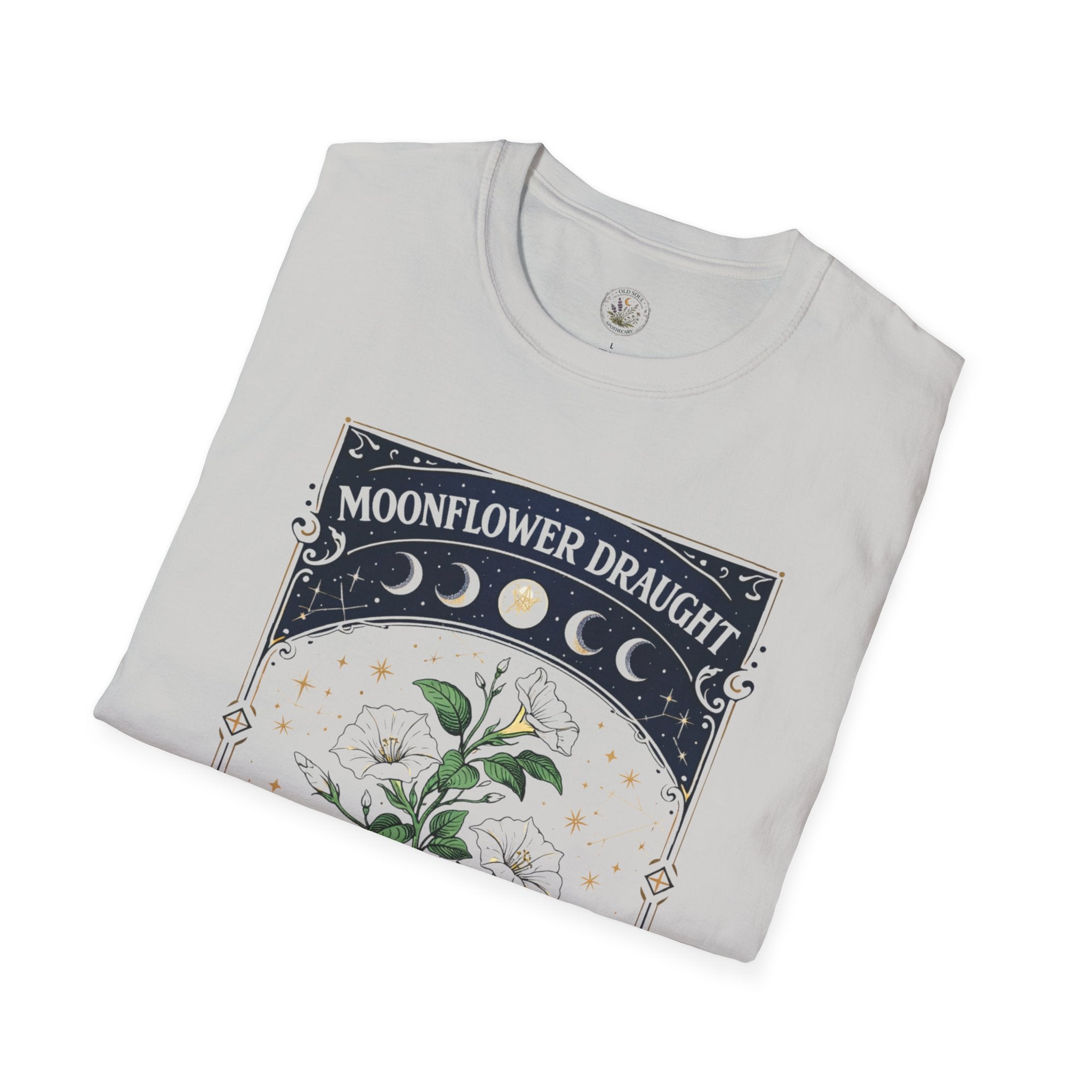 Old Soul Apothecary Moonflower Draught T‑Shirt — Botanical Moon Phase Graphic Tee - Creations by Chris and Carlos