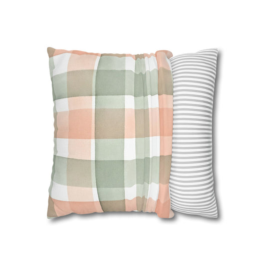 The Artisanal Flora Gallery Pastel Buffalo Check Pillowcase — Peach & Sage Plaid Square Pillow Cover - Creations by Chris and Carlos