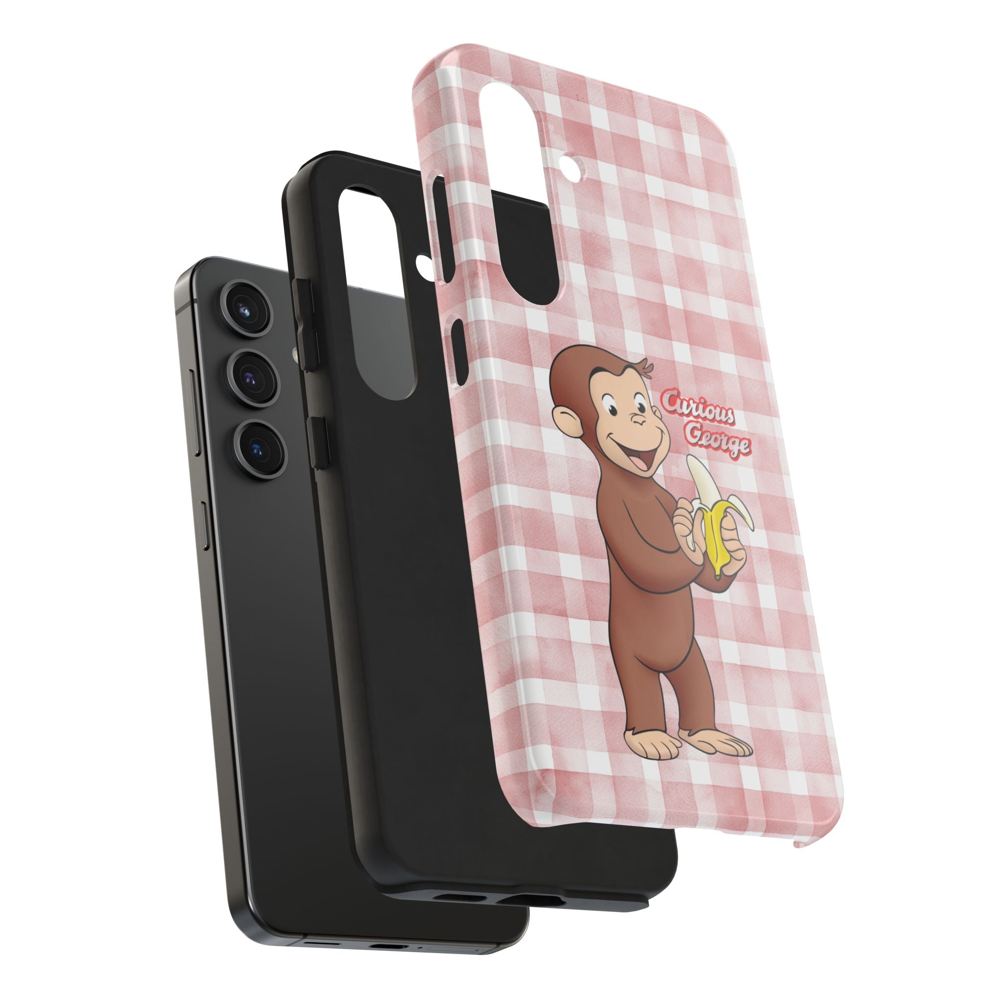 Curious George Banana Tough Phone Case — Cute Kids iPhone Cover, Pink Gingham Protective Case - Creations by Chris and Carlos