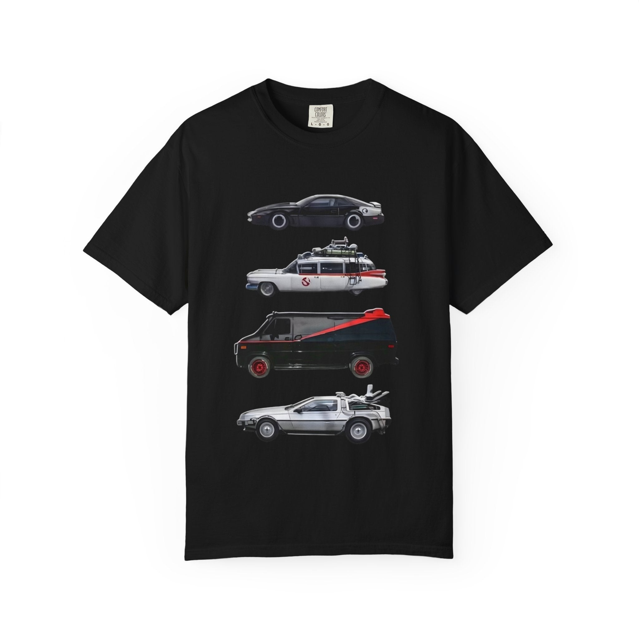 Classic TV Movie Car Stack T-Shirt — KITT, Ghostbusters, A-Team & DeLorean Tribute - Creations by Chris and Carlos
