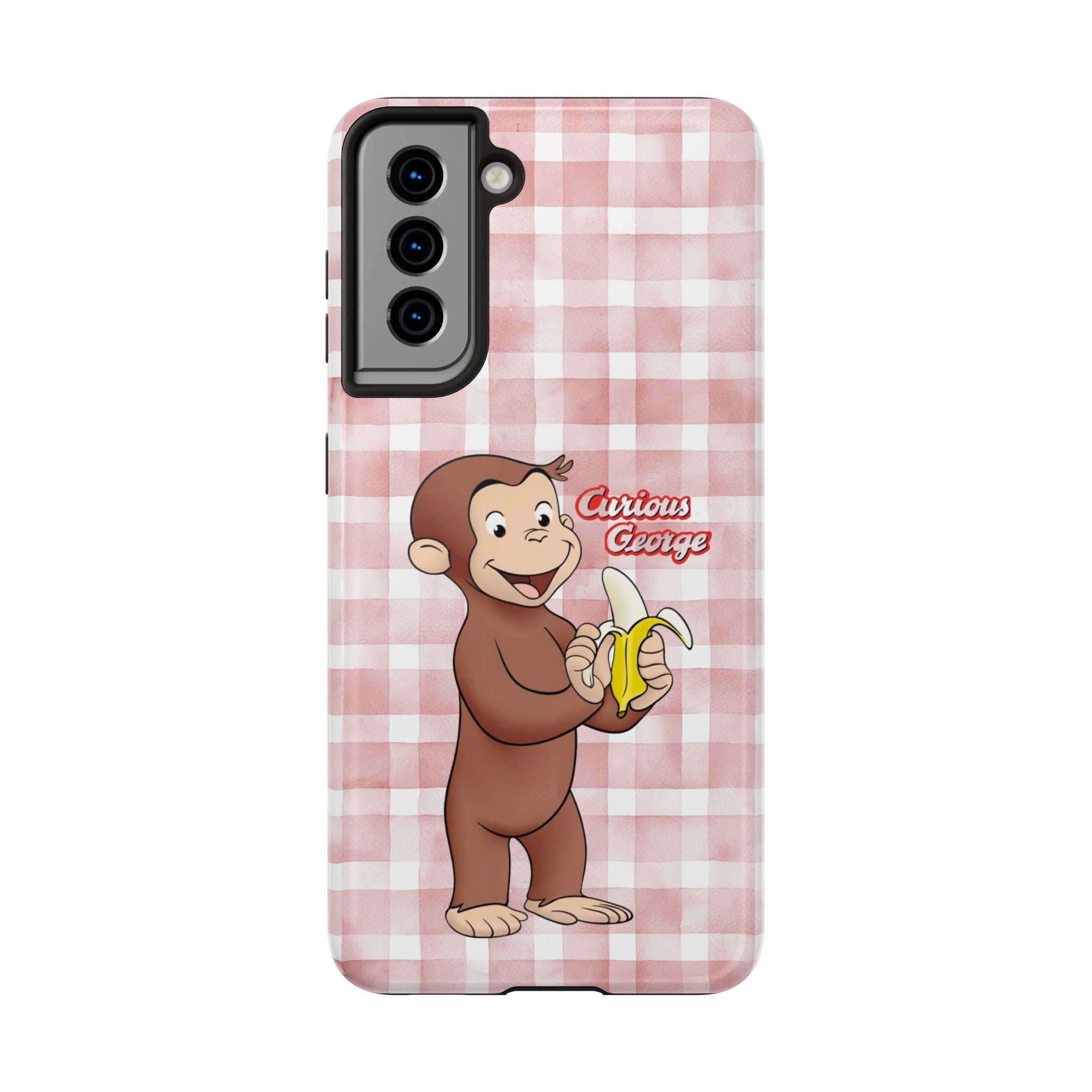 Curious George Banana Tough Phone Case — Cute Kids iPhone Cover, Pink Gingham Protective Case - Creations by Chris and Carlos