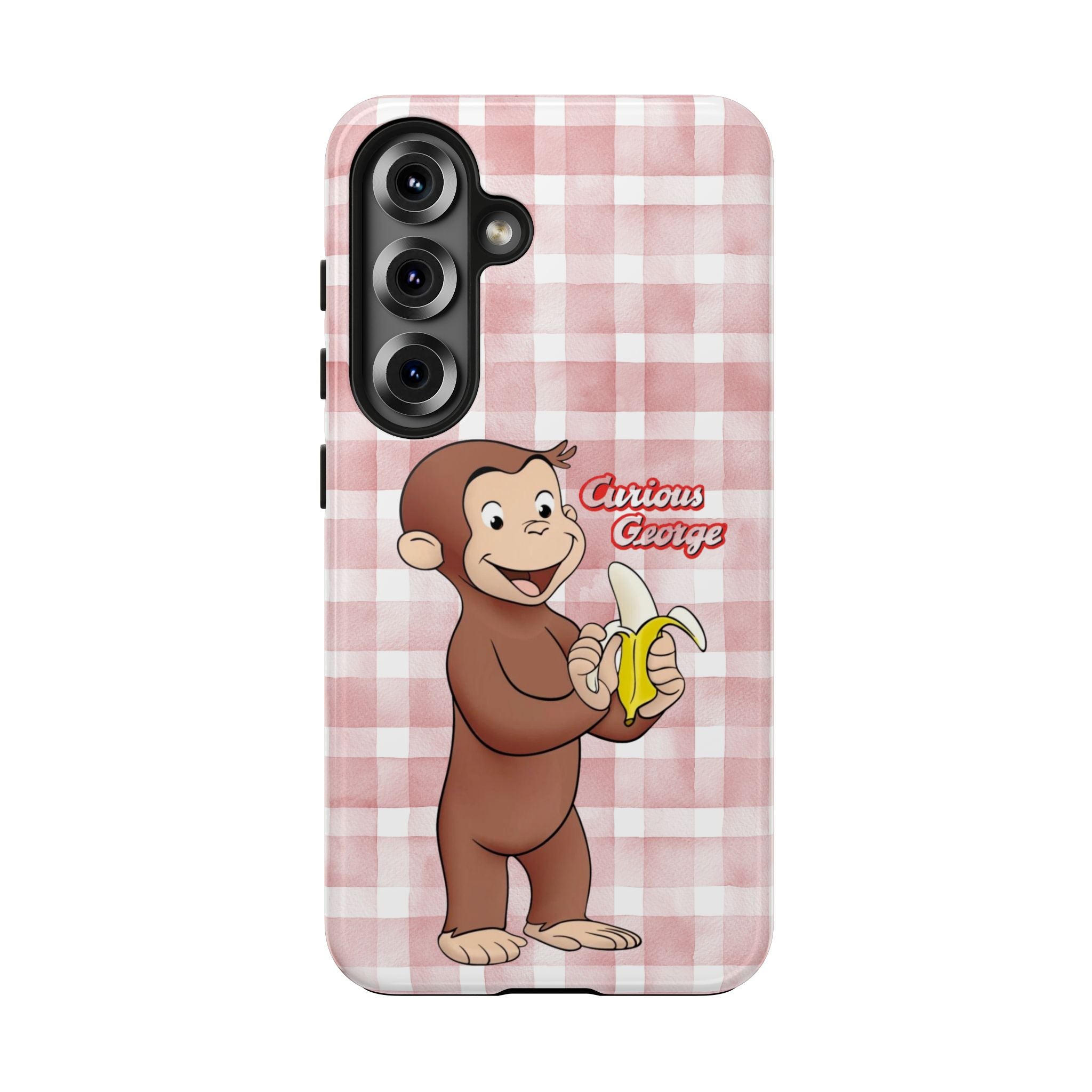 Curious George Banana Tough Phone Case — Cute Kids iPhone Cover, Pink Gingham Protective Case - Creations by Chris and Carlos
