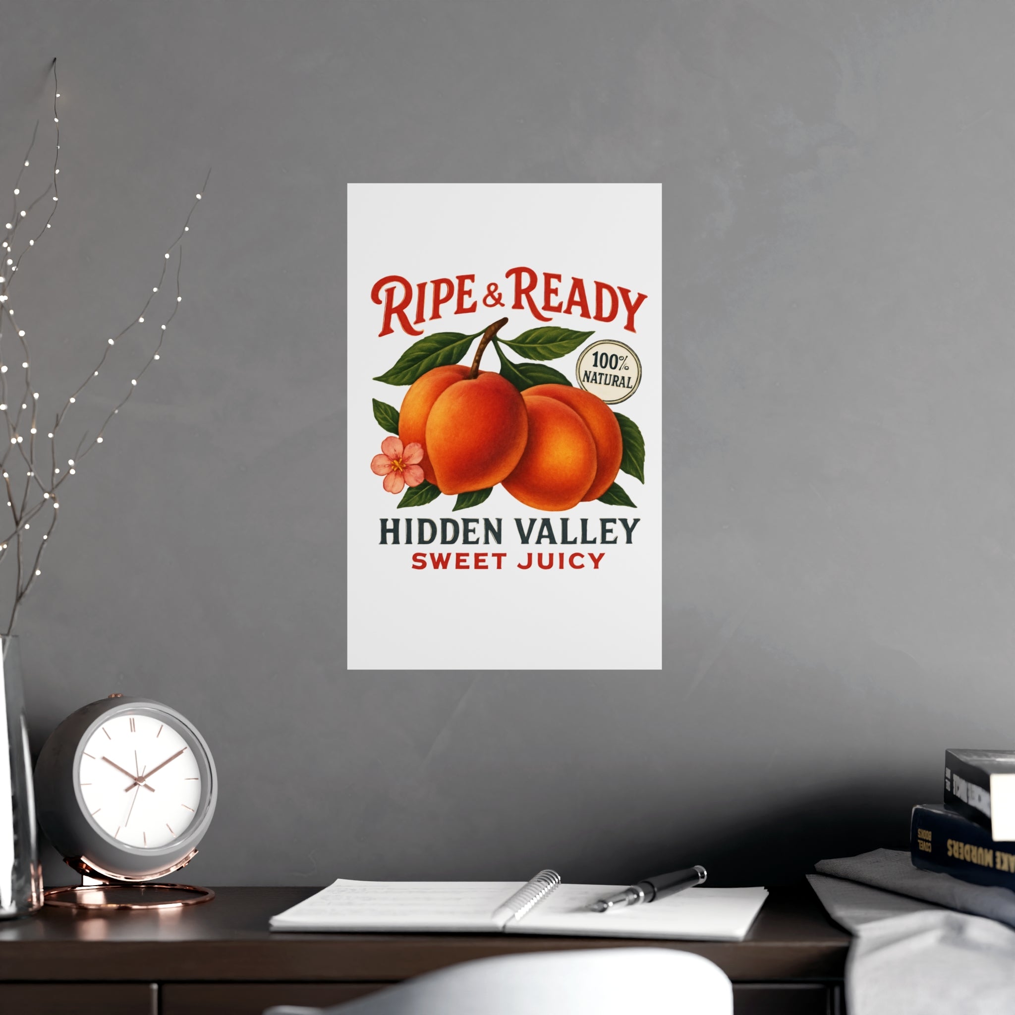 Ripe & Ready Peach Poster — Vintage Fruit Kitchen Wall Art (Hidden Valley, Sweet Juicy) - Creations by Chris and Carlos