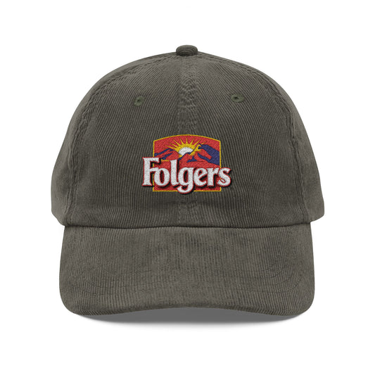 Folgers Coffee Vintage Corduroy Cap — Embroidered Retro Logo Dad Hat - Creations by Chris and Carlos