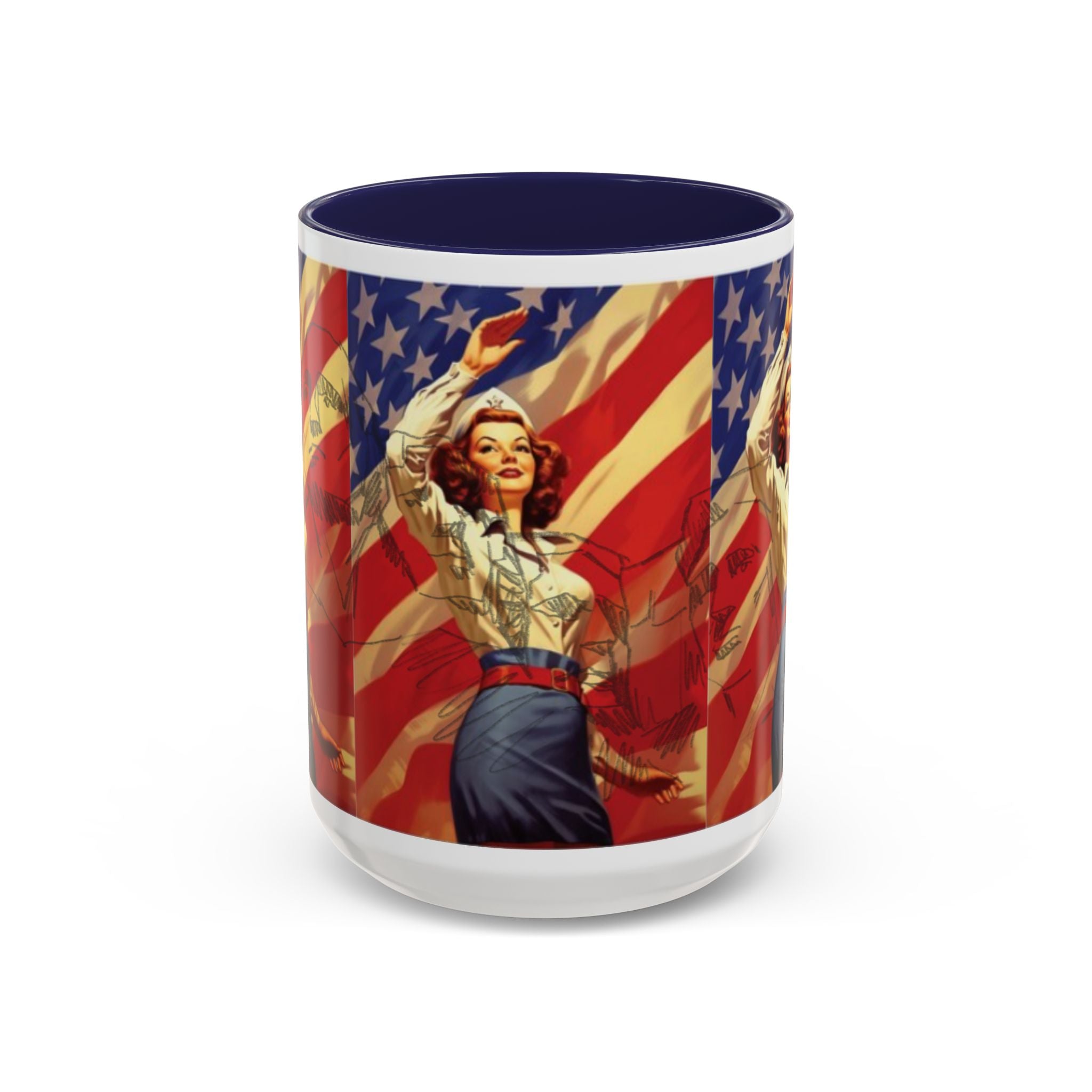 Patriotic Pin-Up Coffee Mug — Vintage American Flag Accent (11/15 oz) - Creations by Chris and Carlos