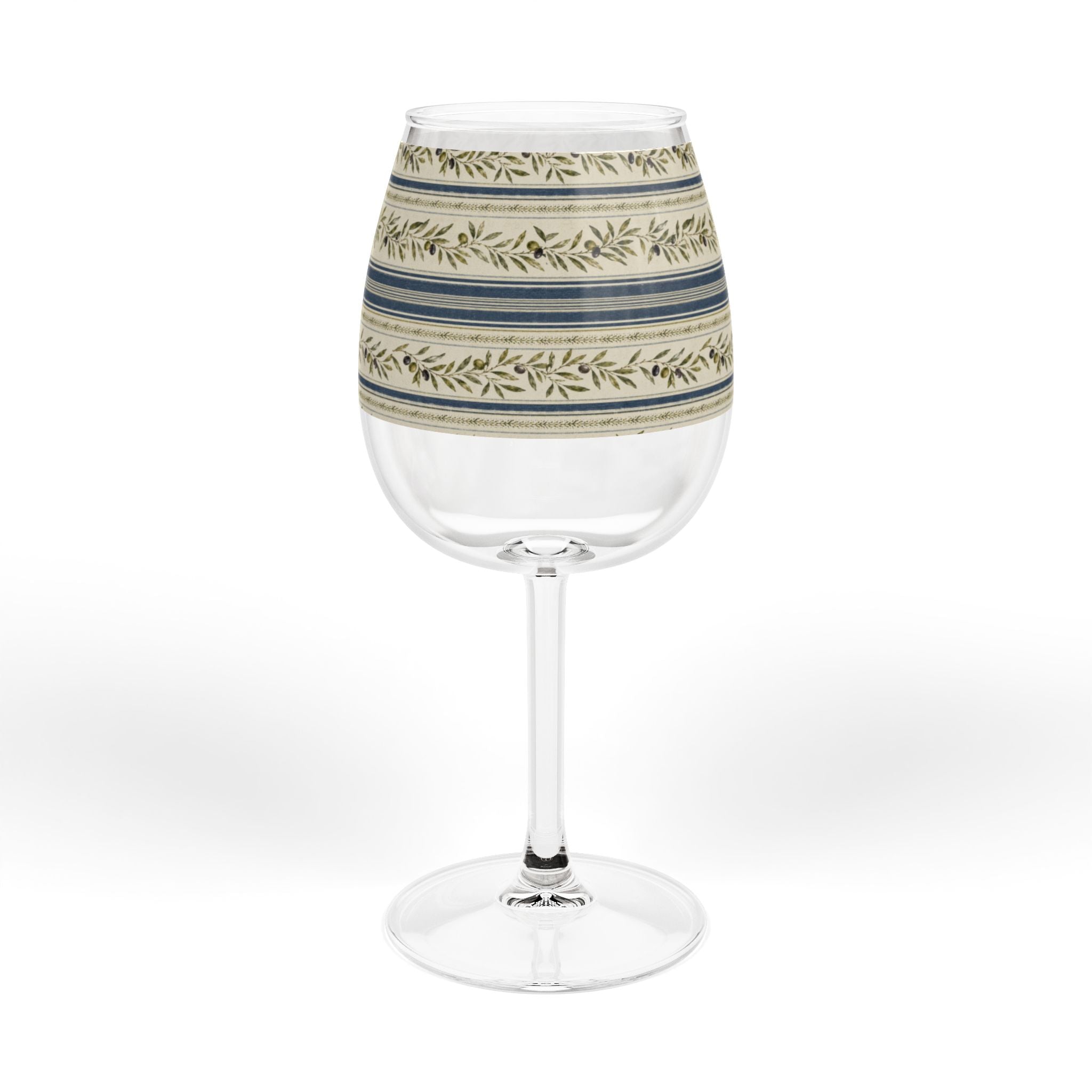 12oz Stemmed Wine Glass with Blue & Olive Laurel Stripe Pattern - Creations by Chris and Carlos